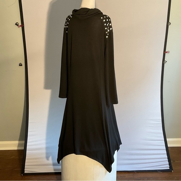 Blooming Rose Witchy 2X Black Jersey Maxi Dress Silver Dot Trim Bat Wing Hem - Picture 7 of 15